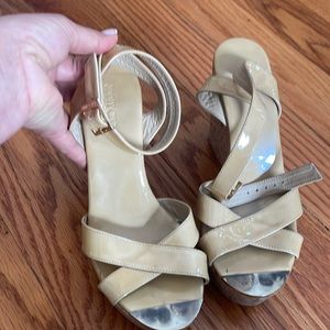 Jimmy Choo patent leather cork wedgie ankle strap sandal